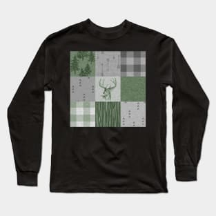 Rustic Deer Patchwork - Green/Grey Long Sleeve T-Shirt